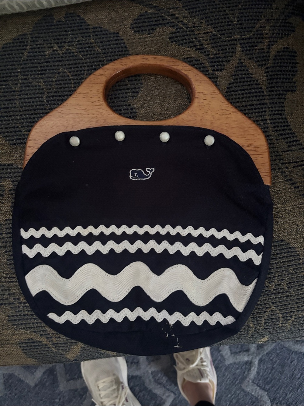 Vineyard Vines Navy and White Whale Tote with Wood Handles